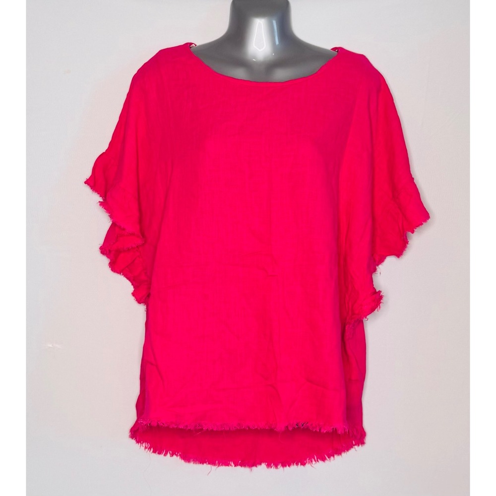 Umgee Top Frayed Edge Linen Blend Womens Medium Pink Short Sleeve Boho